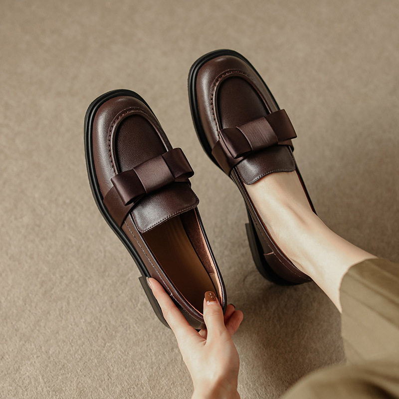 粗跟圆头平底乐福鞋女2024新款法式复古牛皮蝴蝶结棕色单鞋子,女鞋,马丁靴,淘宝优惠券,粉丝福利购,淘宝优惠卷