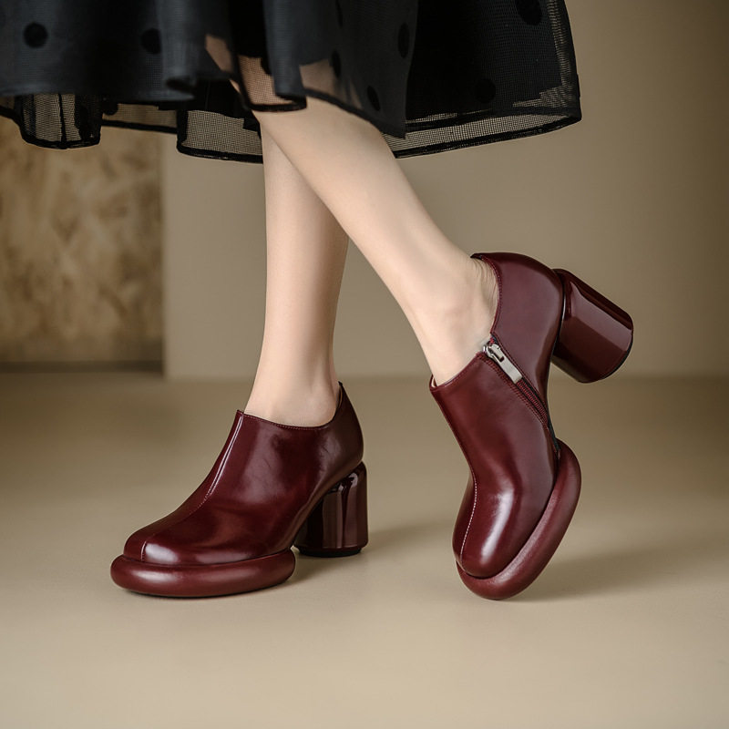 8CM纯色粗高跟深口单鞋真皮圆头侧拉链乐福鞋厚底百搭复古小皮鞋,女鞋,马丁靴,淘宝优惠券,粉丝福利购,淘宝优惠卷