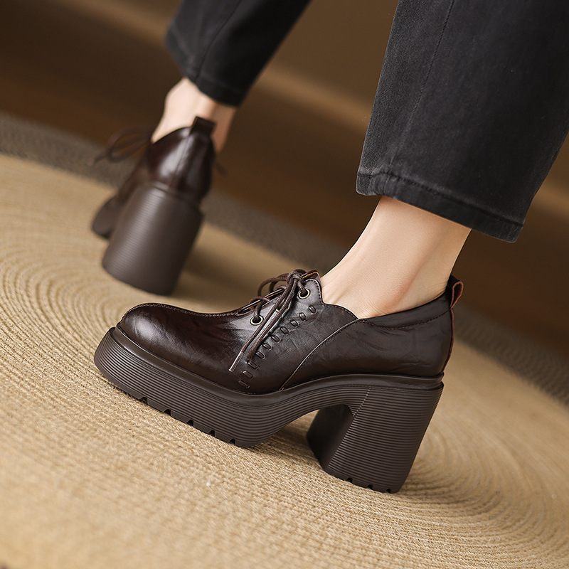 女士高级时尚2025年新款圆头超高跟防水台系带小皮鞋气质深口单鞋