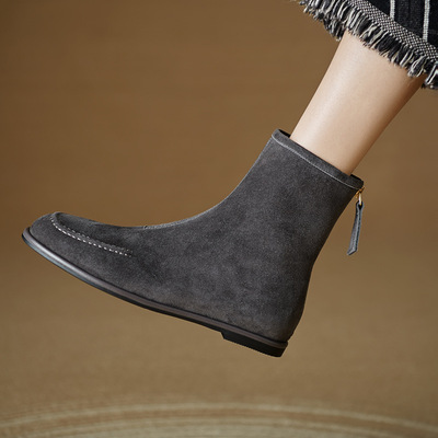 灰色高级感瘦瘦靴2024新款秋冬磨砂羊皮平底圆头短靴女小众配裙子