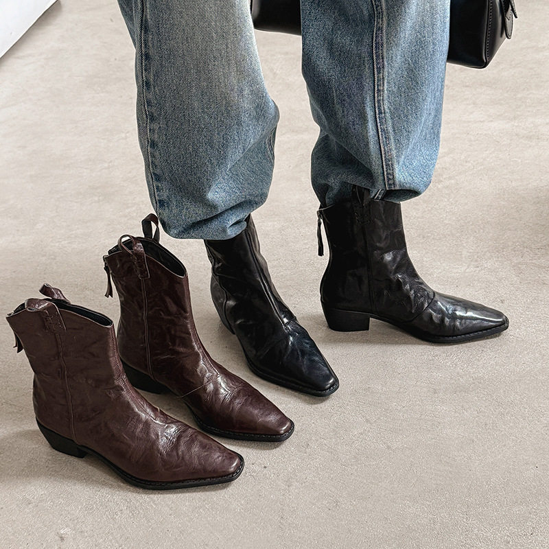 2025新款秋冬季真皮舒适时髦尖头V口显瘦粗跟皱感西部时装短靴女,童鞋/婴儿鞋/亲子鞋,帆布鞋,淘宝优惠券,粉丝福利购,淘宝优惠卷