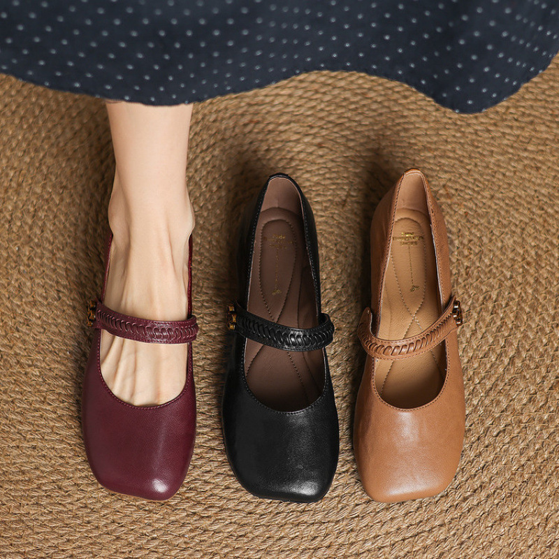 巨好看羊皮方头浅口单鞋女内增高低跟平底鞋女软底舒适不累脚