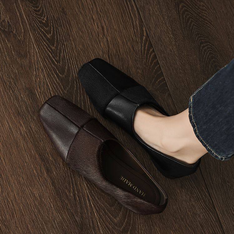 网红款小众设计~ 羊皮马毛拼接复古方头一脚蹬乐福鞋粗低跟单鞋,女鞋,马丁靴,淘宝优惠券,粉丝福利购,淘宝优惠卷