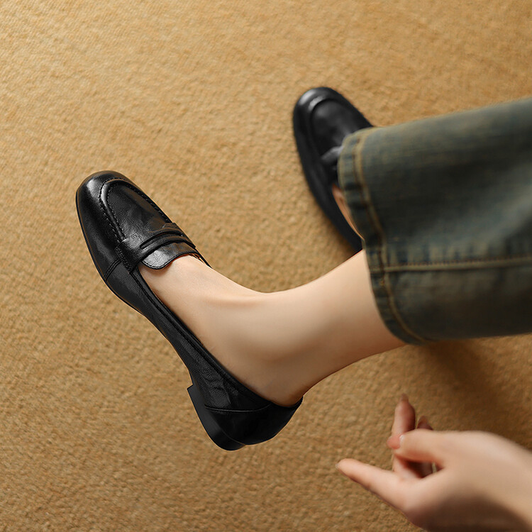 法式复古软羊皮浅口乐福鞋女春夏款奶奶鞋方头小皮鞋百搭平底单鞋