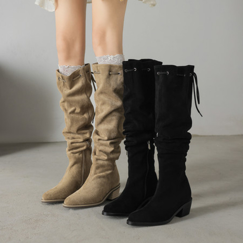 靴子女长筒靴秋冬季超火巨好看小个子骑士显瘦粗跟西部堆堆卡其色