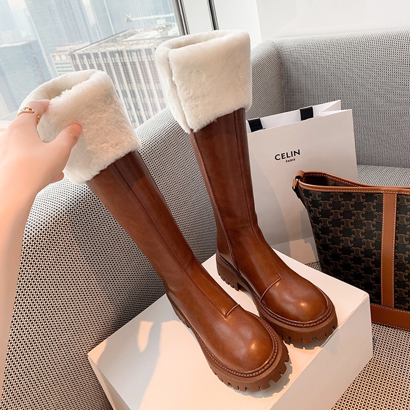 真皮棕色长靴女冬加绒棉靴厚底骑士靴粗腿高筒雪地靴羊羔毛长筒靴