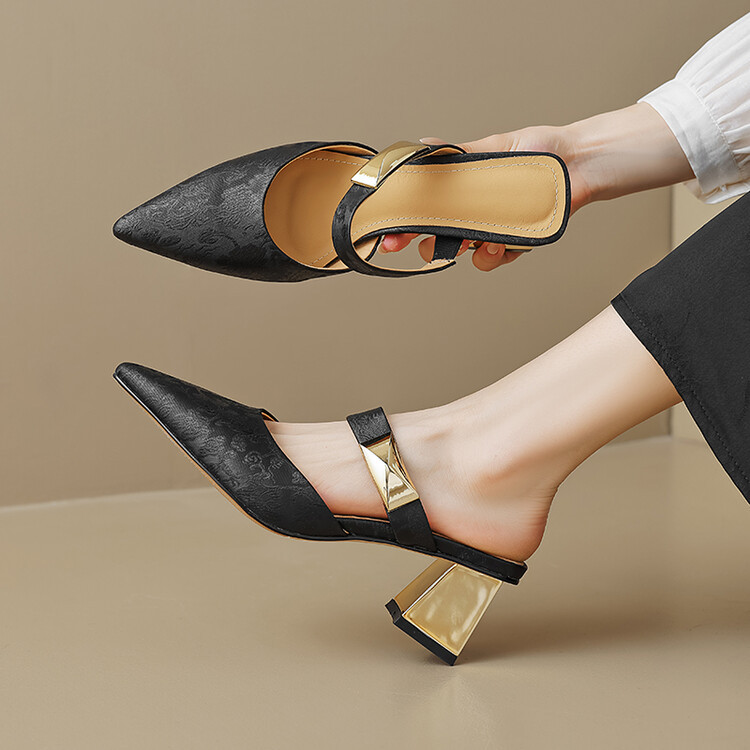 法式国风包头半拖鞋女2024夏季真皮尖头一字带凉拖粗跟高跟穆勒鞋