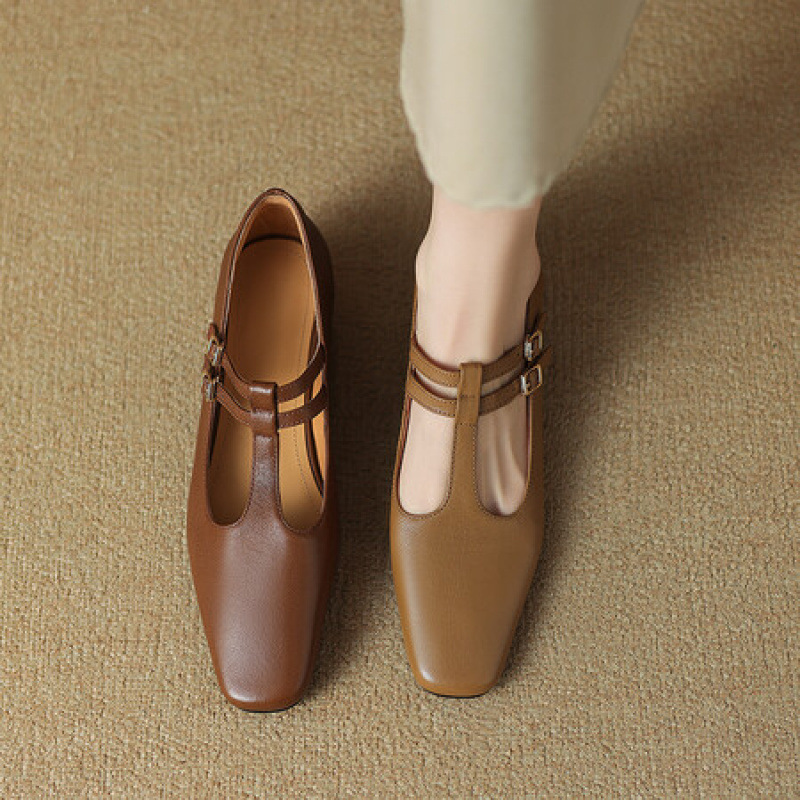 休闲羊皮软皮平底法式玛丽珍小皮鞋赫本2025春季新款浅口单鞋棕