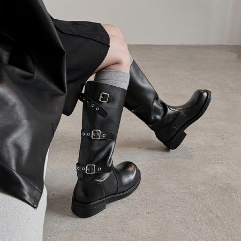 2025新款女靴复古圆头粗跟显瘦皮带扣长筒靴超酷风格骑士靴