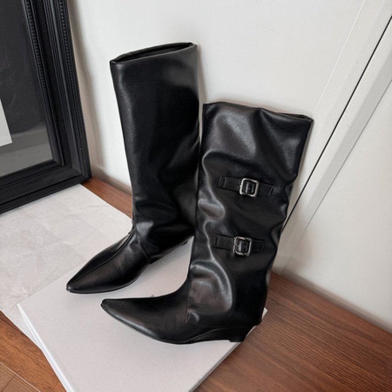 2025新款真皮尖头气质西部堆堆靴裤腿靴骑士靴炸街辣妹高跟长筒靴