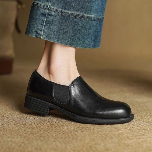 头层牛皮！英伦复古风小皮鞋女2025新款圆头低粗跟深口棕色单鞋女