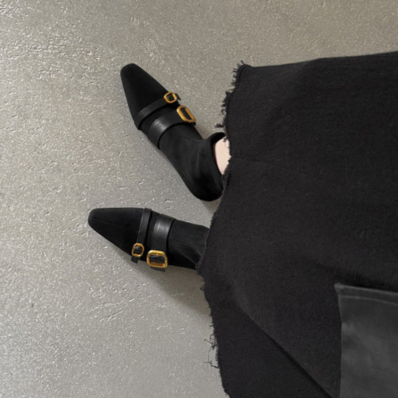 牛皮版~小方头皮带扣后拉链短靴女秋冬新款时尚小坡跟百搭瘦瘦靴