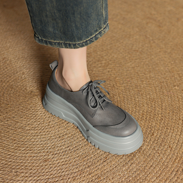 学院风厚底松糕小皮鞋女真皮2025新款早春季系带高跟坡跟休闲单鞋