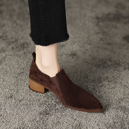 复古尖头粗跟短靴女2024新款秋冬及踝靴羊翻皮单鞋女深口中跟,女鞋,马丁靴,淘宝优惠券,粉丝福利购,淘宝优惠卷