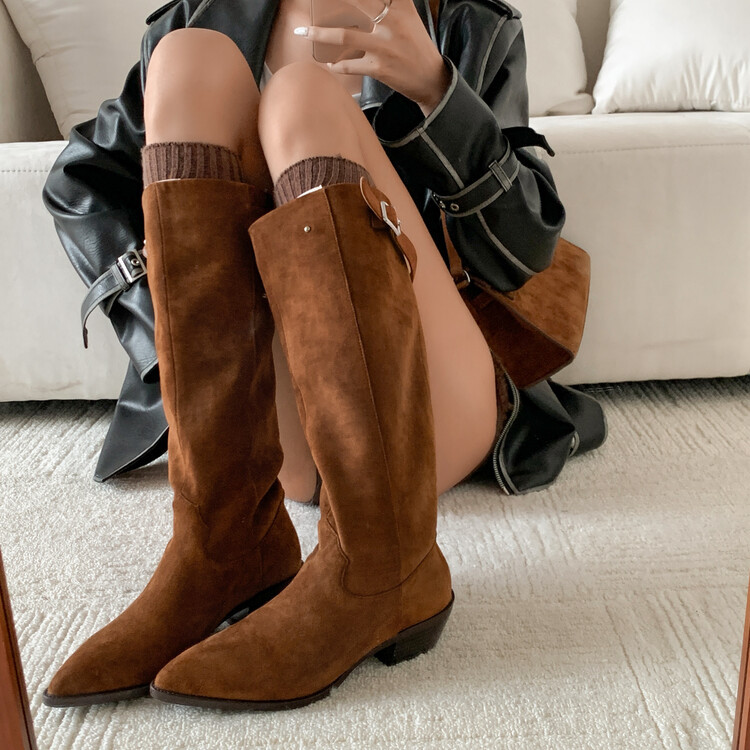 瘦腿靴尖头大筒围堆堆靴小众设计西部靴粗跟辣妹时髦不过膝长筒靴