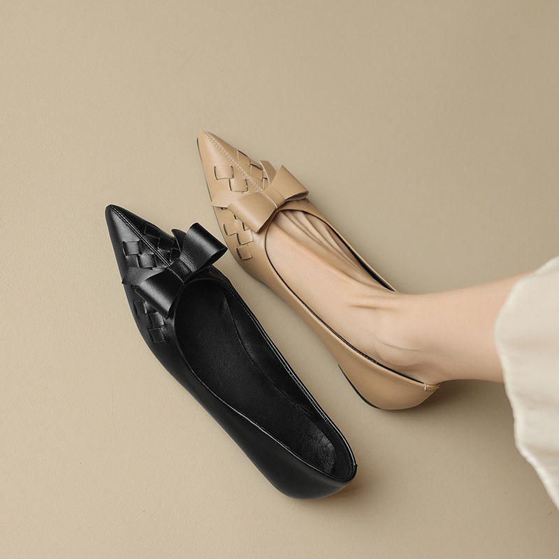 复古蝴蝶结尖头单鞋女粗跟2023夏新软皮真皮中跟豆豆鞋3cm,女鞋,马丁靴,淘宝优惠券,粉丝福利购,淘宝优惠卷