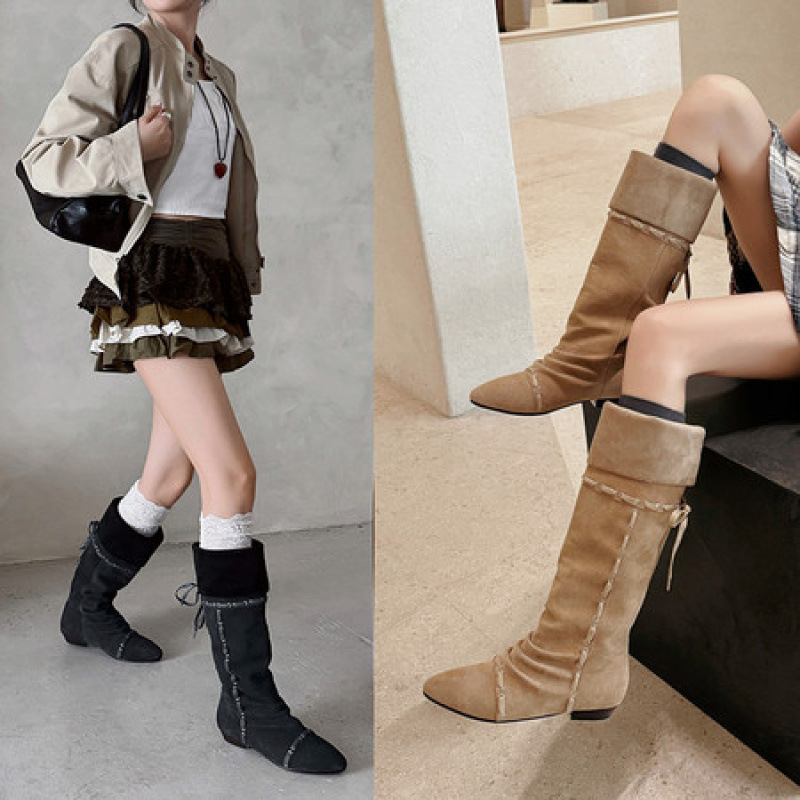 2025秋冬牛反绒磨砂皮女鞋内增高尖头穿带及膝靴流苏蝴蝶结靴
