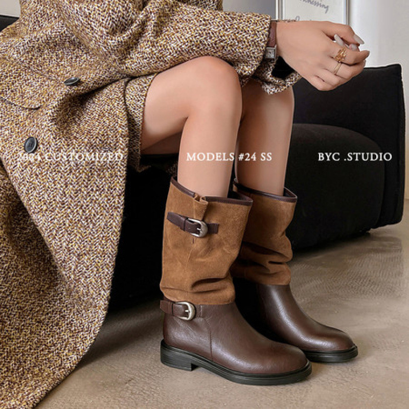 牛皮版宽筒复古堆堆靴女2025年新款骑士靴中筒两穿靴子