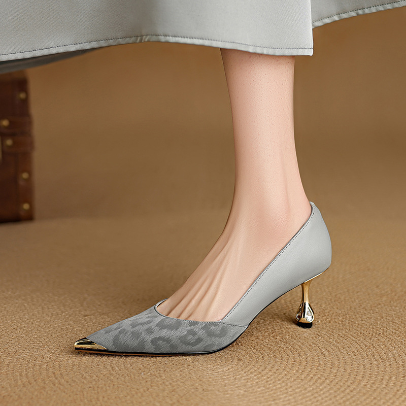 配旗袍的高跟鞋御姐性感豹纹单鞋女春秋金属尖头鞋子女鞋百搭通勤