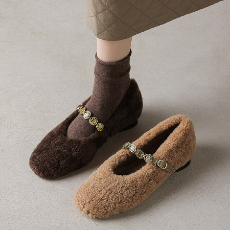 羊羔毛舒适超软毛毛鞋女2025秋冬新款圆头低跟一字带加绒保暖单鞋