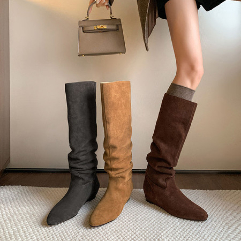 牛翻皮磨砂堆堆靴秋冬尖头内增高褶皱不过膝长靴大筒围平底高筒靴