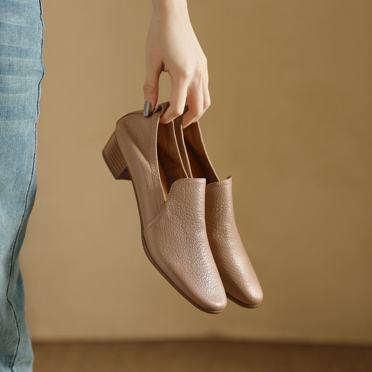 巨好穿法式软羊皮低跟单鞋女2025新款圆头深口小皮鞋一脚蹬奶奶鞋