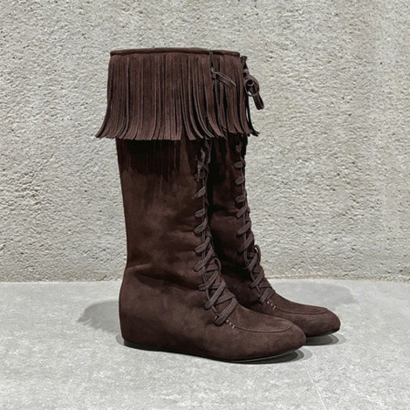 女士吸睛流苏时尚2025圆头中跟内增高高筒长靴子不过膝时髦时装靴