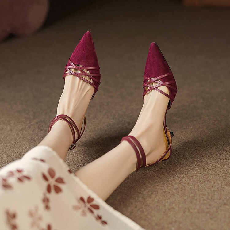 仙女风法式复古浅口尖头细跟高跟鞋春夏季真皮时尚后空包头凉鞋女,女鞋,马丁靴,淘宝优惠券,粉丝福利购,淘宝优惠卷