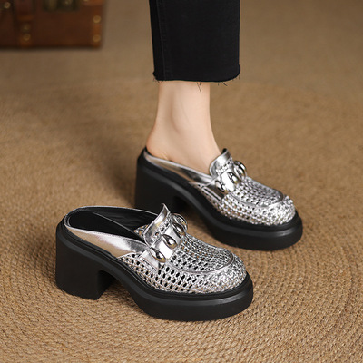 10CM银色超高跟镂空包头凉拖鞋2025夏新款小众厚底粗跟一脚蹬凉鞋