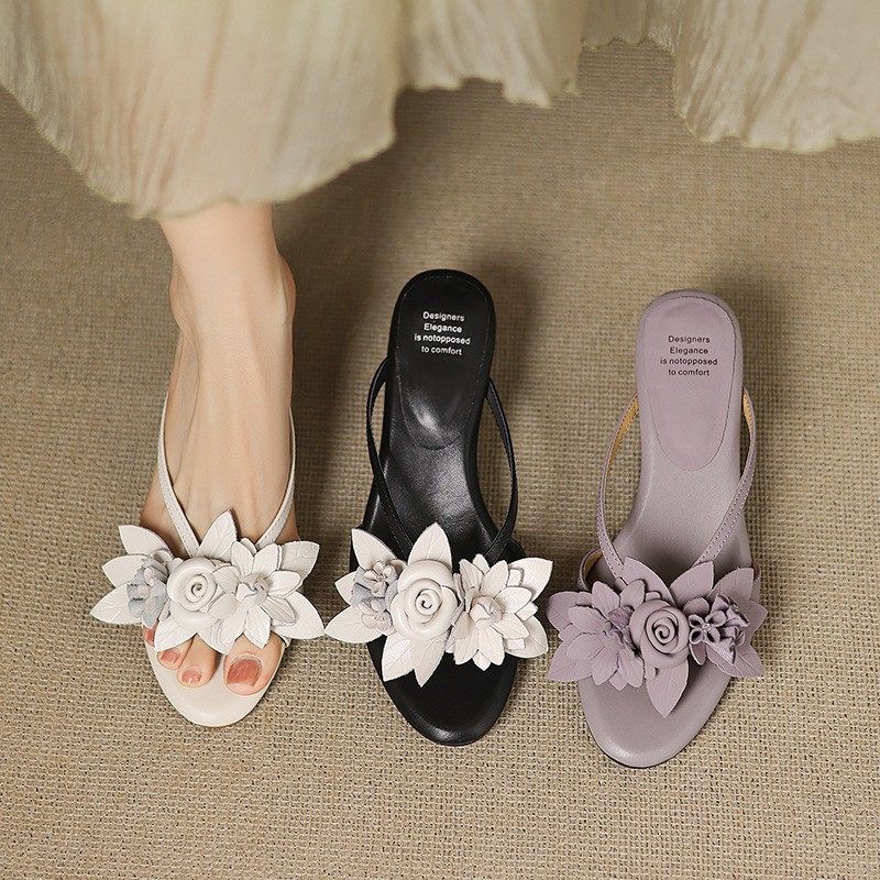 5.5cm仙女风花朵一字带拖鞋女外穿夏季新款真皮细跟高跟凉鞋百搭