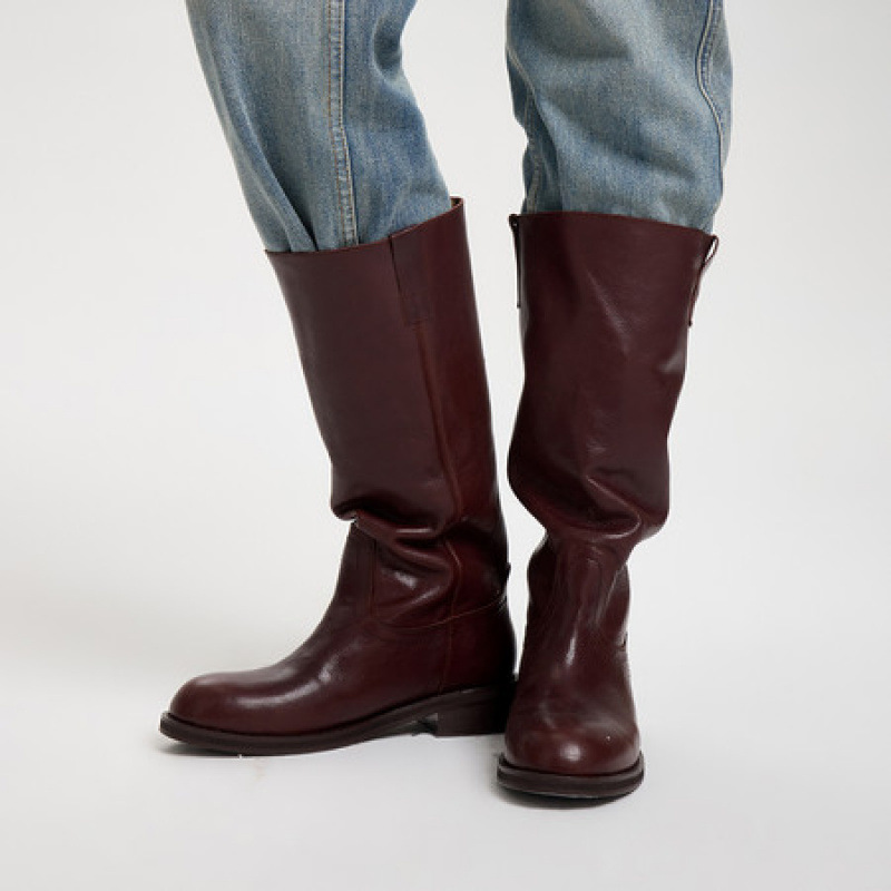 休闲复古高筒秋冬新款长筒靴平底靴子高跟骑士靴低跟牛皮中筒靴女