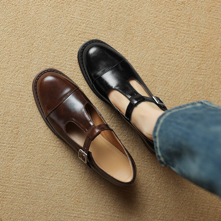 2024春季欧美圆头镂空丁字扣粗跟单鞋复古小皮鞋学院风厚底乐福鞋,女鞋,马丁靴,淘宝优惠券,粉丝福利购,淘宝优惠卷