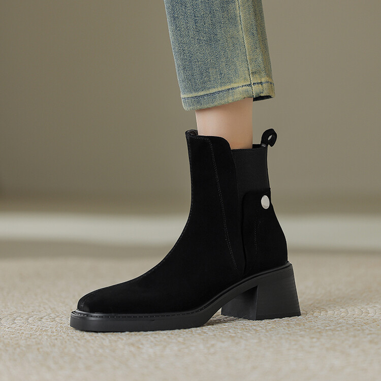 羊皮磨砂高跟短靴女鞋2023新款粗跟马丁靴子bai搭舒适及踝靴