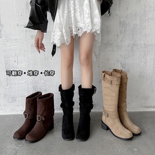 2025新款 复古风西部靴女粗跟中筒靴显瘦绒面两穿堆堆靴骑士靴子