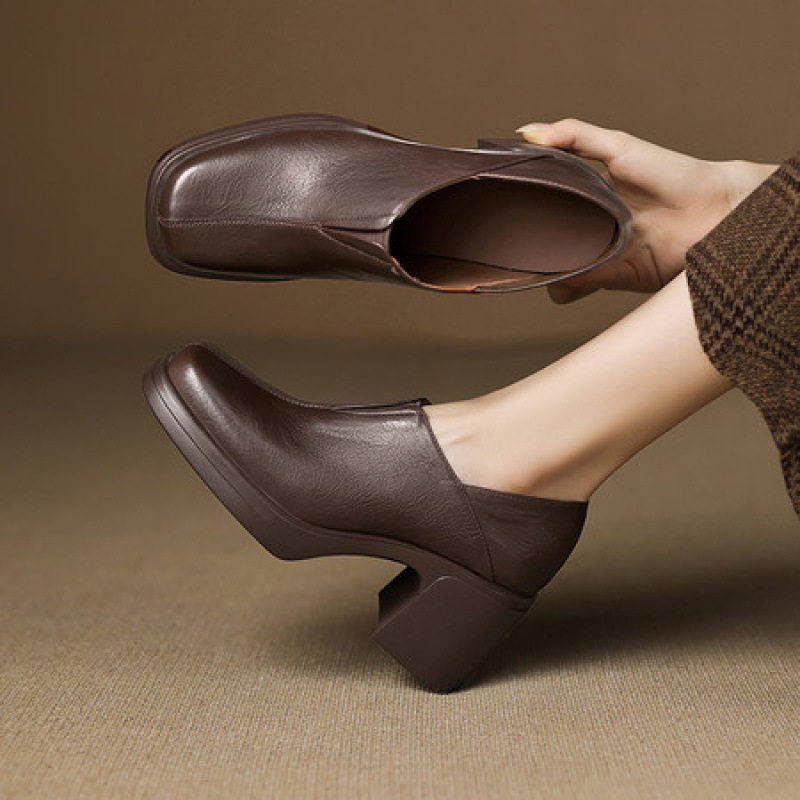 7.5cm 小个子增高厚底粗跟单鞋女2025秋季真皮方头深口高跟小皮鞋,女鞋,马丁靴,淘宝优惠券,粉丝福利购,淘宝优惠卷