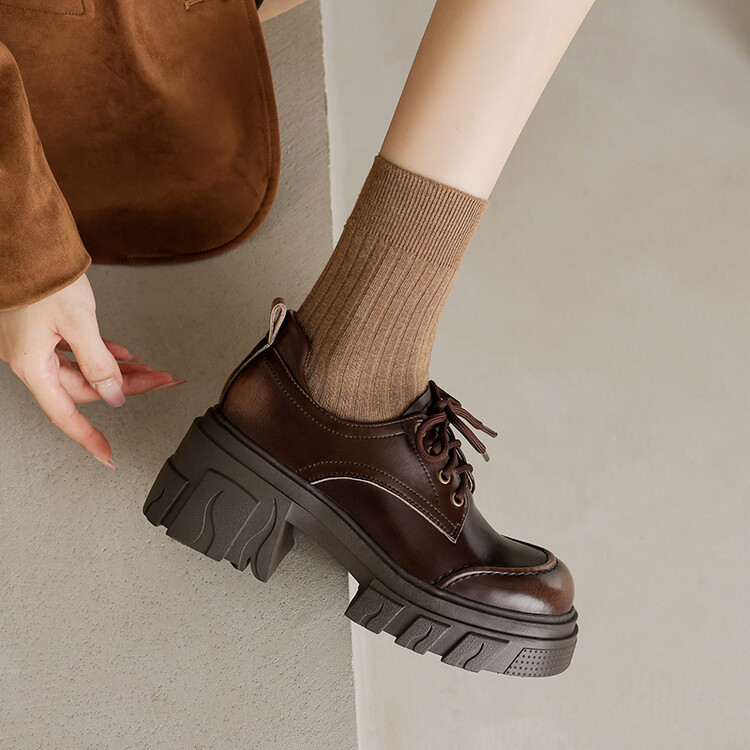 6CM粗跟高跟深口小皮鞋圆头2024秋新款英伦风前系带厚底单鞋百搭~