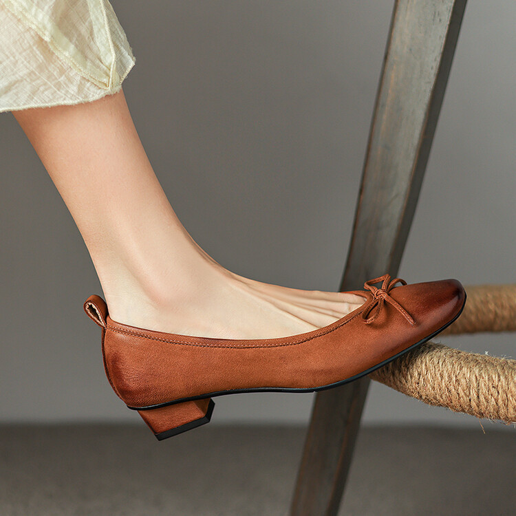 法式复古蝴蝶结低跟单鞋女2024真皮方头浅口小皮鞋百搭芭蕾舞鞋夏