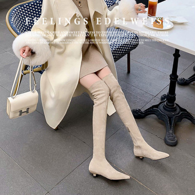 过膝长靴女2025秋冬新款绒面尖头侧拉链瘦瘦靴细跟高筒弹力长筒靴