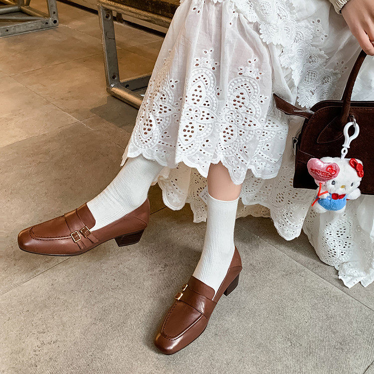 牛皮版~复古方头皮带扣粗跟小皮鞋通勤一脚蹬百搭乐福鞋气质单鞋~,女鞋,马丁靴,淘宝优惠券,粉丝福利购,淘宝优惠卷