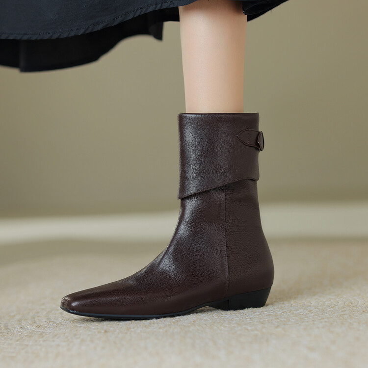 休闲小短靴羊皮2024新款秋冬款平底靴子真皮女靴中跟软皮靴加绒暖