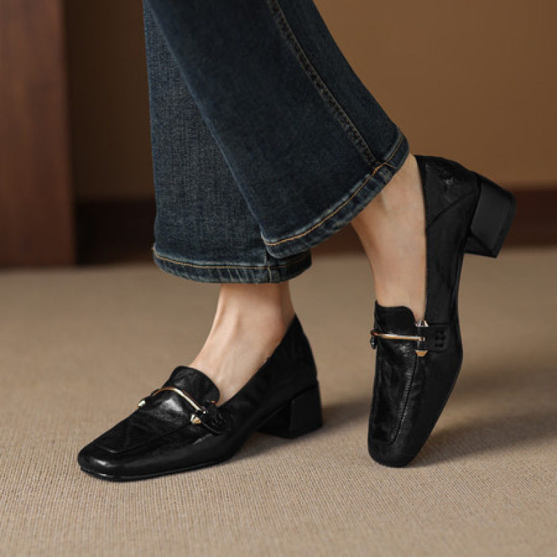 英伦风超软小羊皮小皮鞋乐福鞋女复古棕色方头中跟单鞋通勤高跟鞋