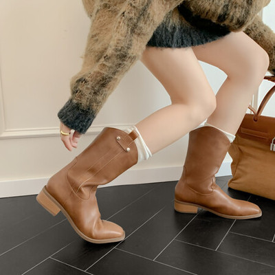 2023年新款中色方头中跟粗跟牛皮套筒中筒靴子纯色女牛仔靴