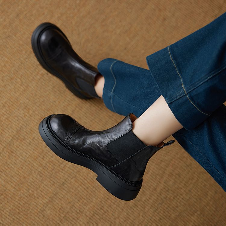 英伦风圆头厚底松糕切尔西靴女2024秋冬新款真皮显瘦套筒增高短靴