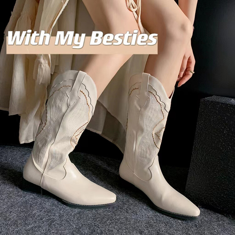 西部牛仔靴欧美外贸V口平底女2023年新款设计感小众长筒靴