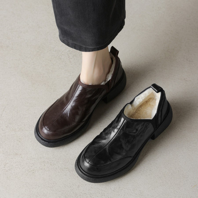 英伦风复古厚底粗跟一脚蹬乐福鞋深口单鞋法式加绒羊羔毛小皮鞋女