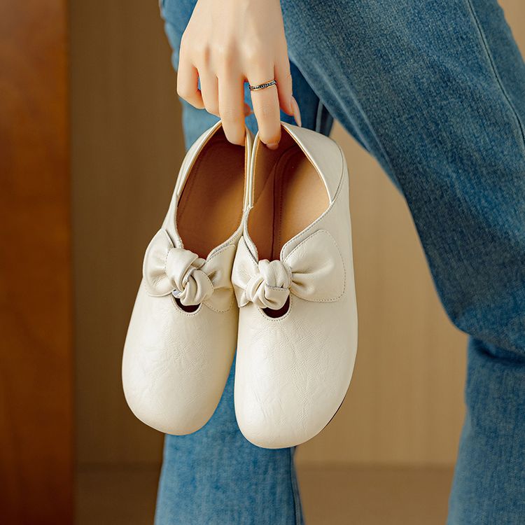 法式复古蝴蝶结平底单鞋女2025春秋新款真皮软底豆豆鞋大头小皮鞋