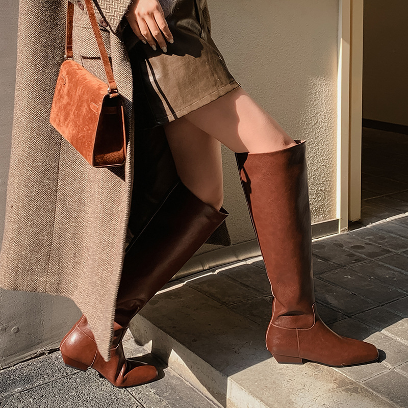 真皮过膝长筒靴女大筒围方头骑士靴子美拉德棕色软皮平底宽筒长靴