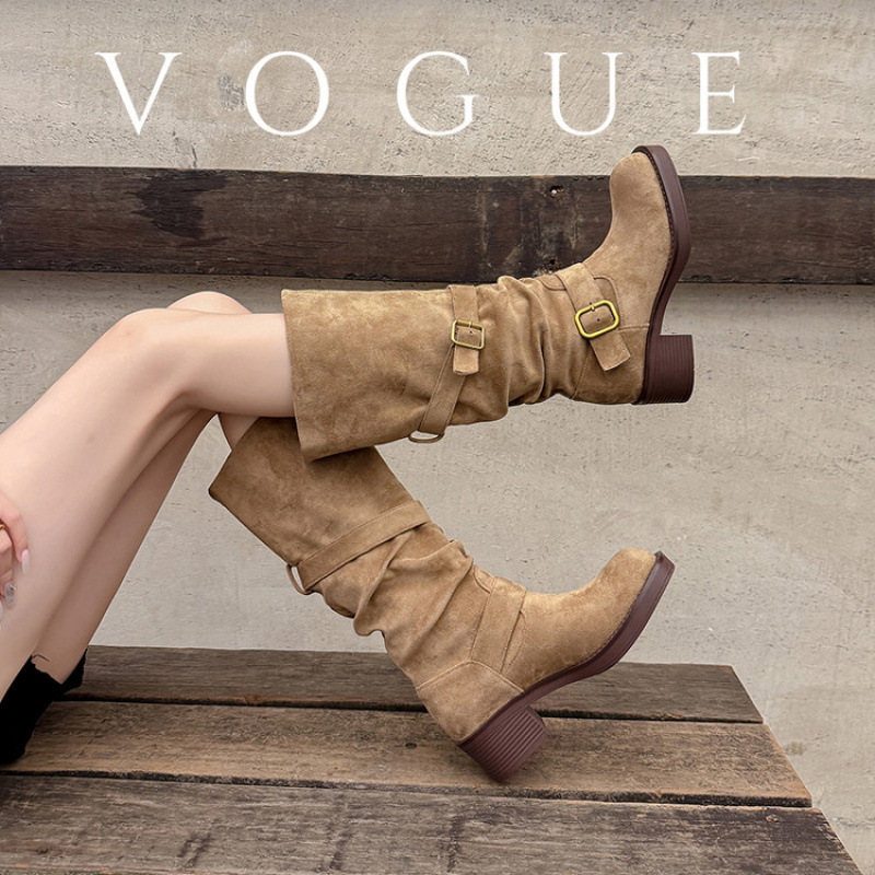 粗跟棕色美拉德长筒靴女2025新款夏秋季褶皱堆堆靴西部牛仔骑士靴
