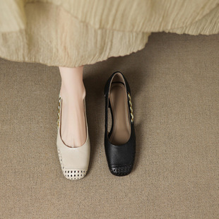 2025新款真皮法式配裙子编织镂空透气方头粗跟单鞋女高跟玛丽珍鞋