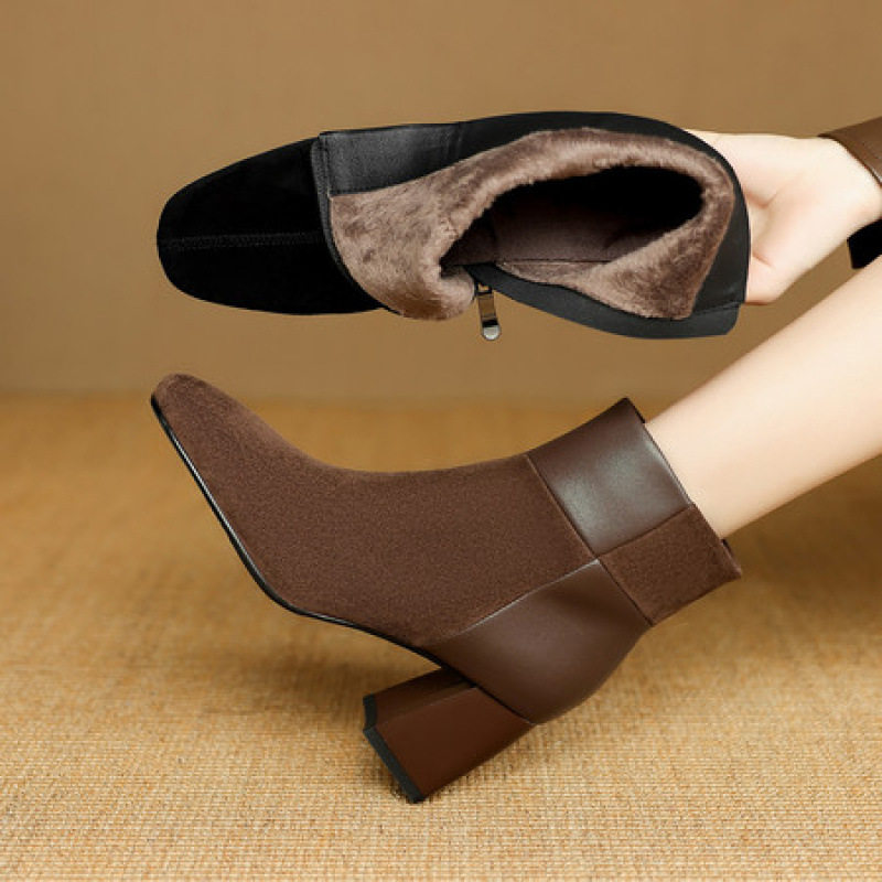 时尚真皮拼接粗跟短靴女秋冬新款方头高跟百搭时装女靴气质马丁靴,运动/瑜伽/健身/球迷用品,广场舞鞋,淘宝优惠券,粉丝福利购,淘宝优惠卷